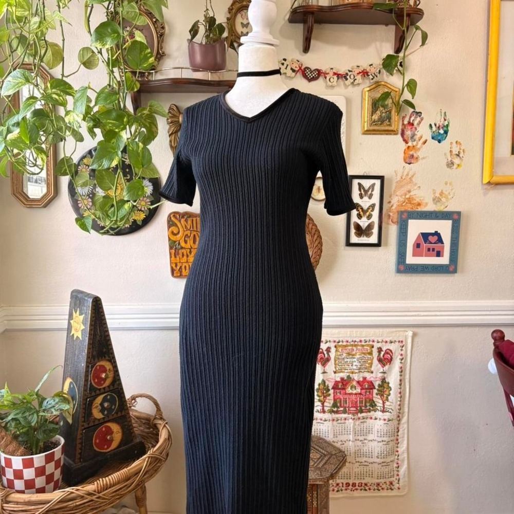Vtg Y2K Xhilaration Gothic Maxi Fitted Bodycon Ribbed Dress Velvet Trim V-Neck